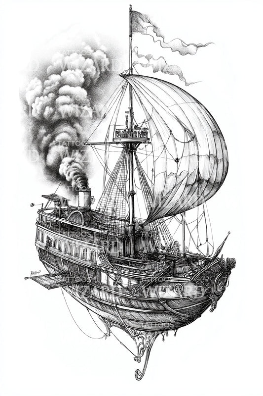 Steam Galleon Airship Tattoo Design