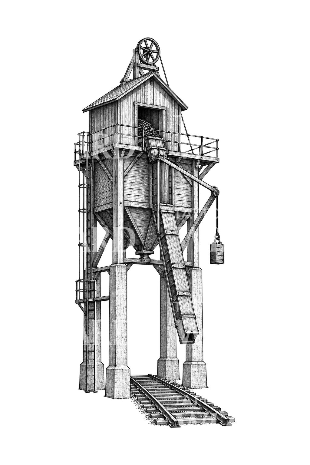 Steam Railway Coaling Tower Tattoo Illustration