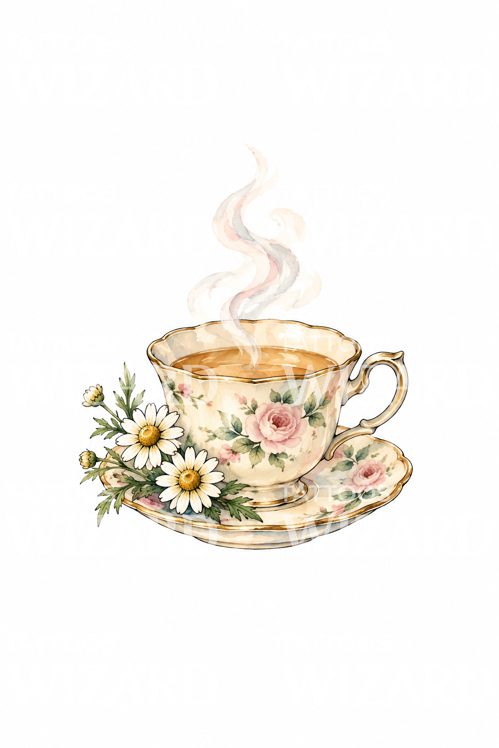 Steaming Teacup with Chamomile Watercolor Tattoo