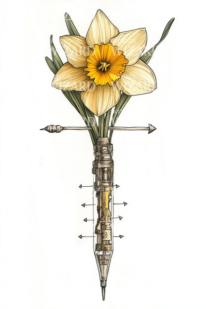 Ilustración de tatuaje de narciso con flecha steampunk