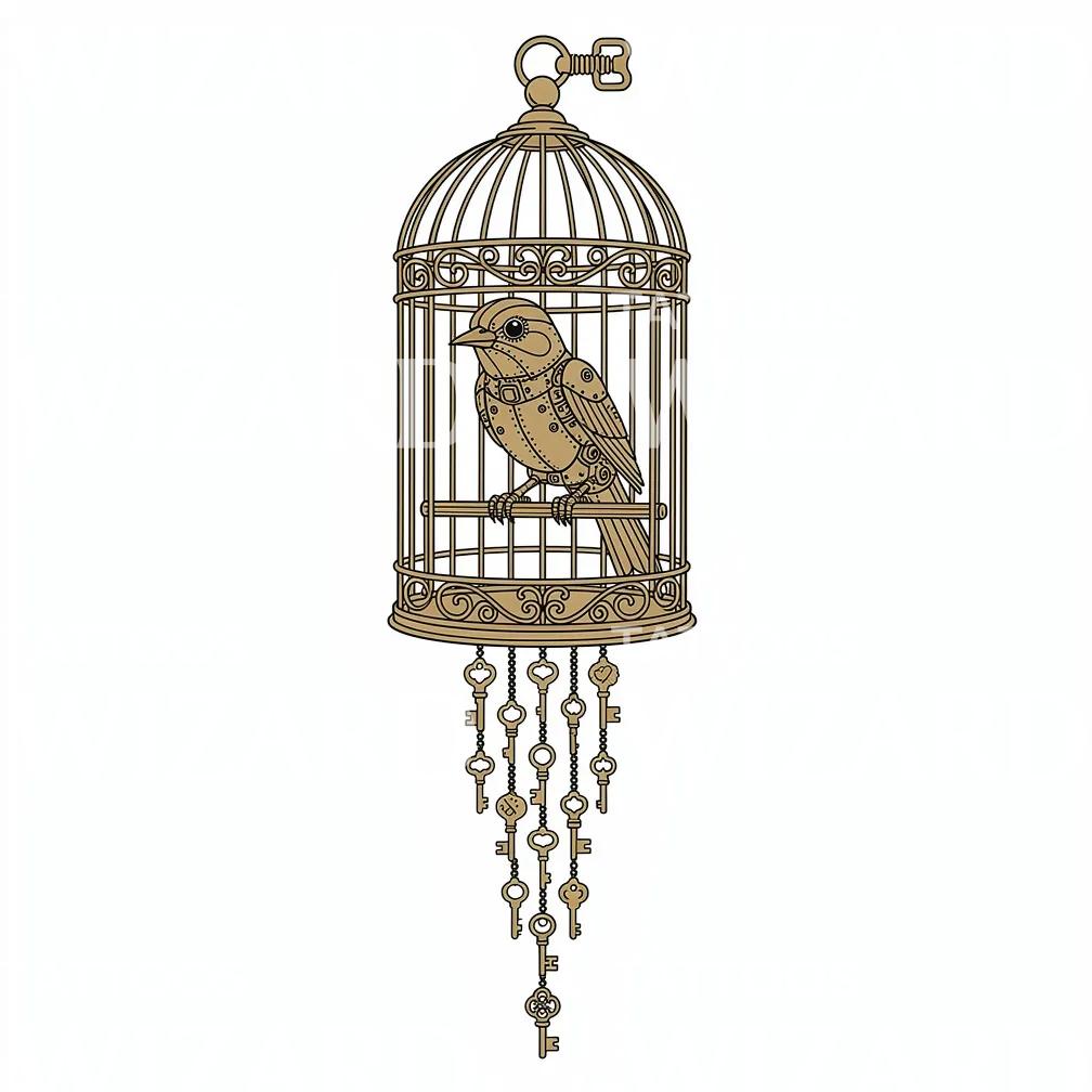 Steampunk Birdcage Keys Tattoo Design