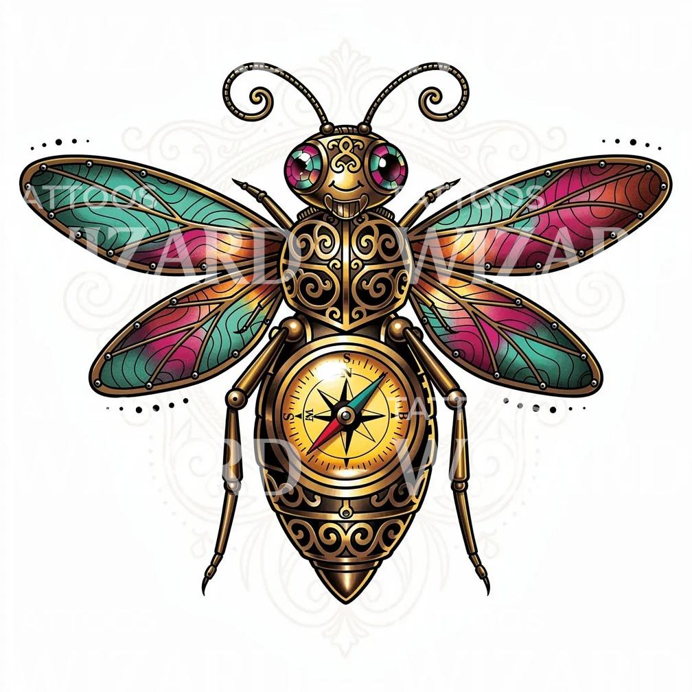 Steampunk Compass Bee Tattoo Design