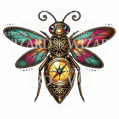 Steampunk Compass Bee Tattoo Design