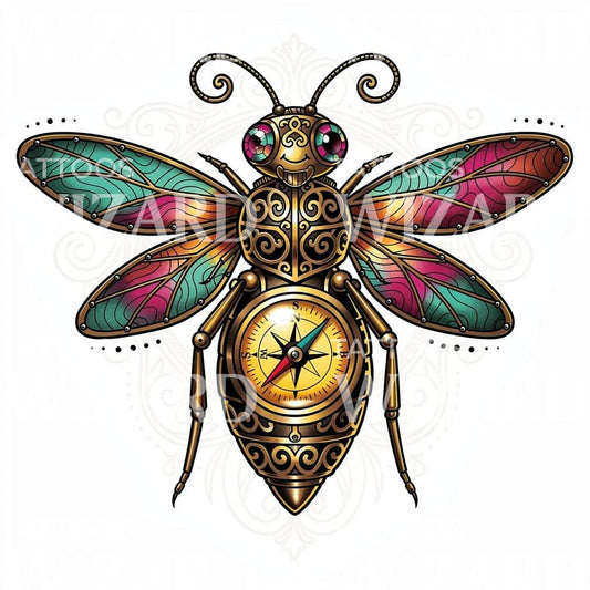 Steampunk Compass Bee Tattoo Design