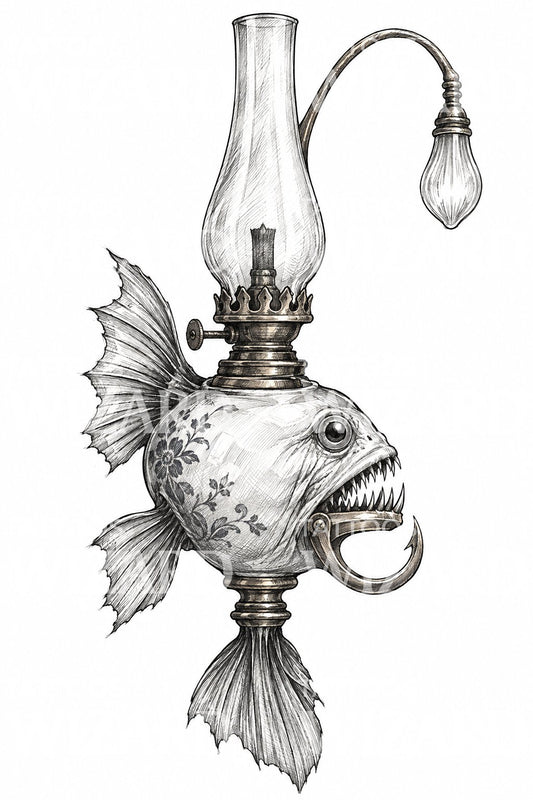 Diseño de tatuaje de pez lámpara steampunk