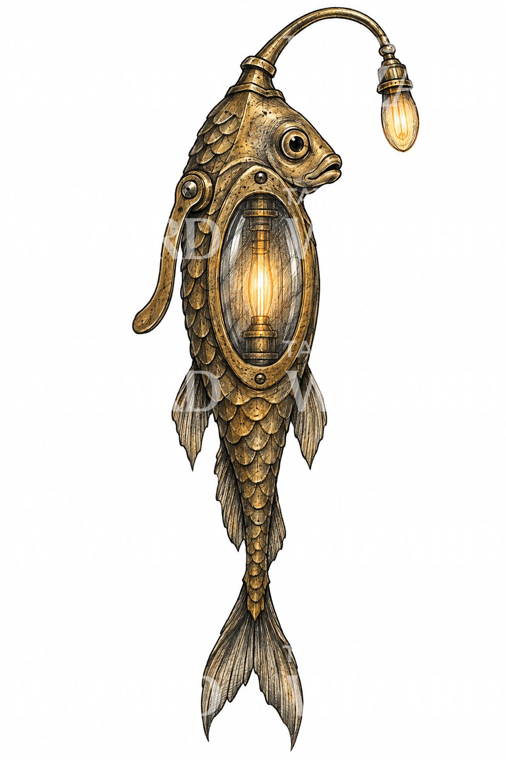 Ilustración de tatuaje de pez lámpara steampunk