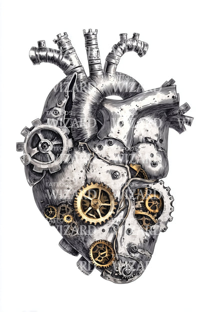 Steampunk Heart Mechanism Tattoo Illustration