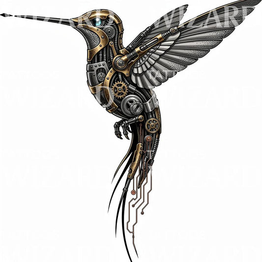 Desain tato burung kolibri steampunk