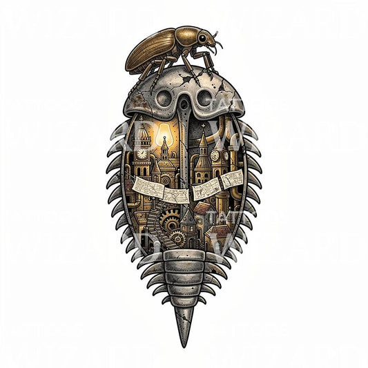 Steampunkowa Czaszka z Pancerzem Ilustracja Tatuażu