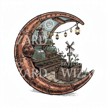 Steampunk Moon Garden Tattoo Design