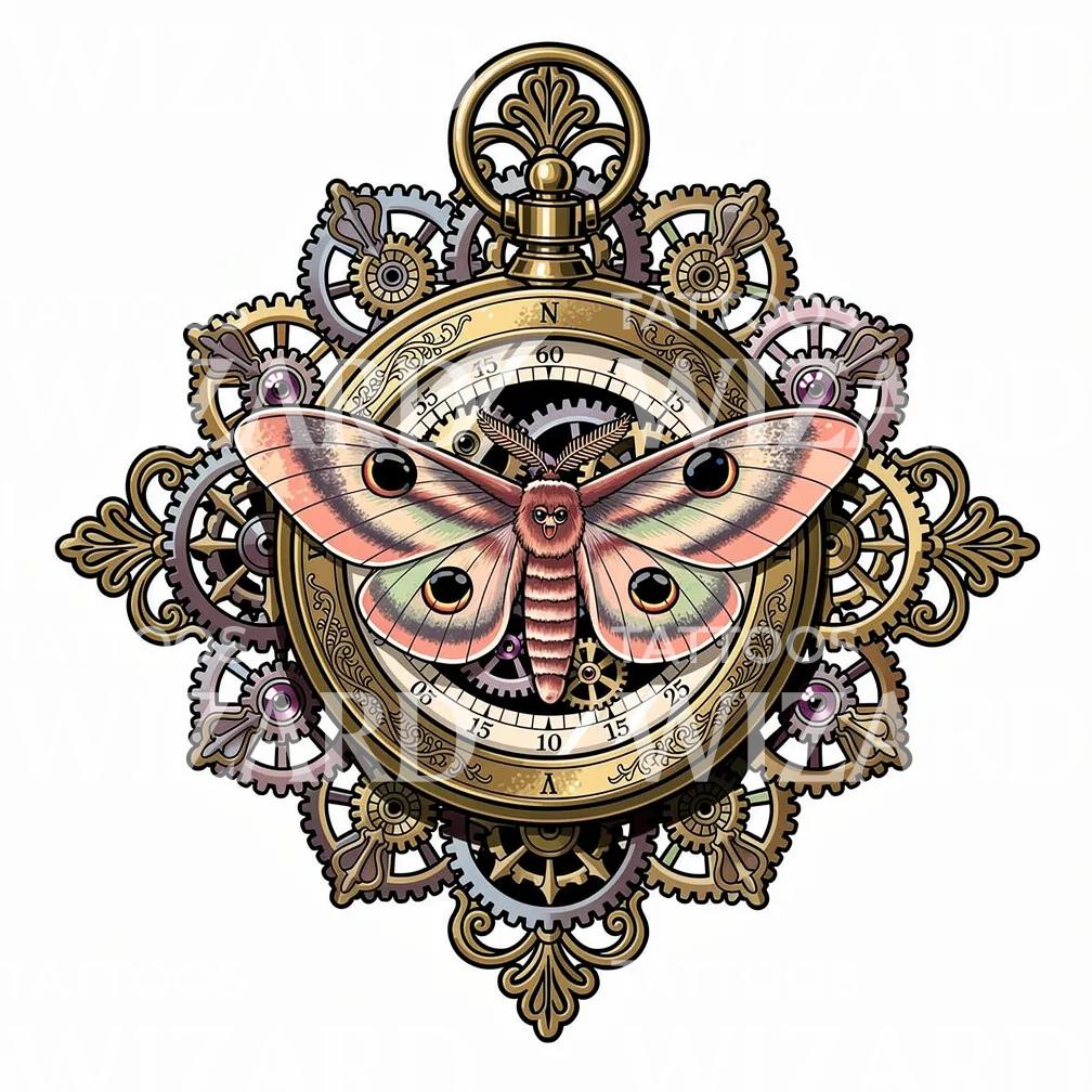 Diseño de Tatuaje Polilla y Reloj Steampunk