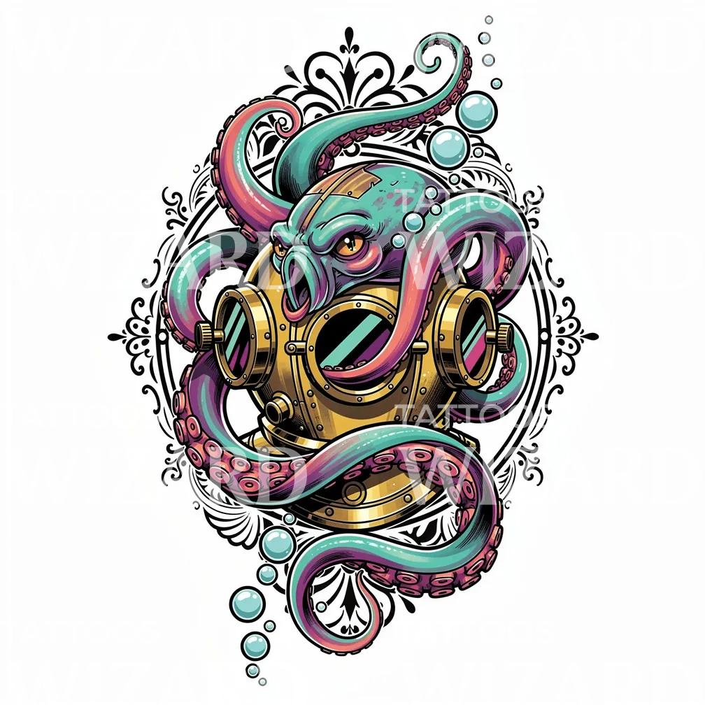 Steampunk Octopus Diver Tattoo Design
