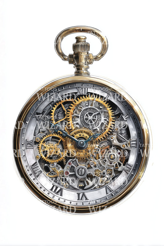 Steampunk Open Pocket Watch Tattoo Illustration