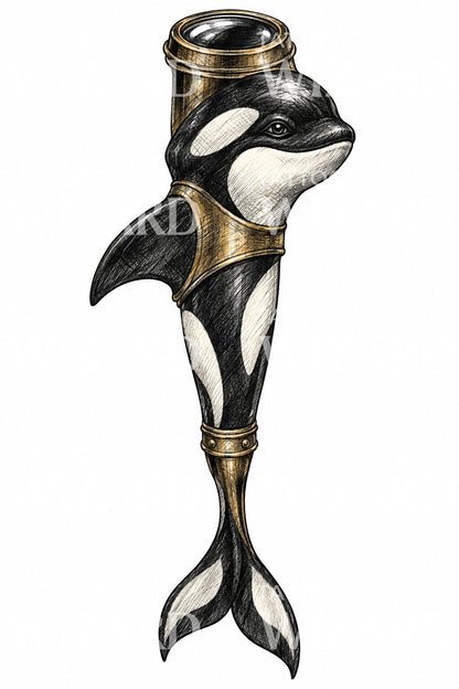 Ilustración de tatuaje de orca steampunk
