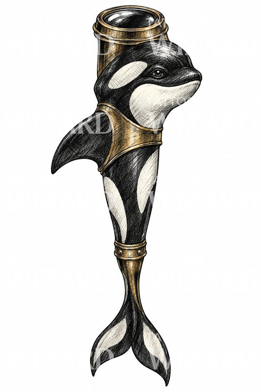 Ilustración de tatuaje de orca steampunk
