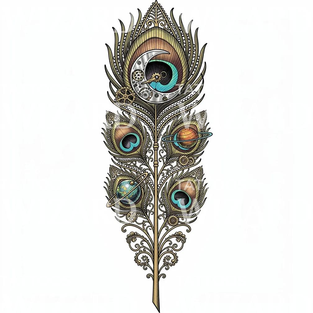 Steampunk Peacock Feather Tattoo Design