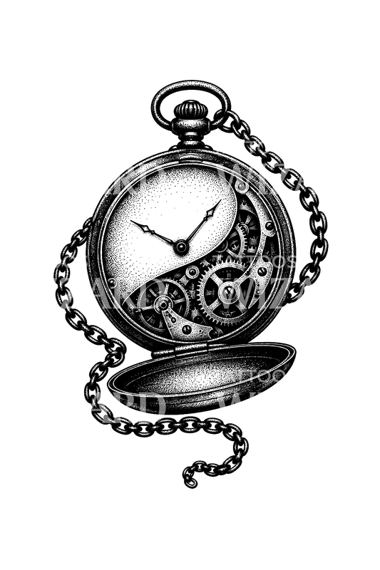 Tatuagem dotwork de relógio de bolso steampunk com engrenagens