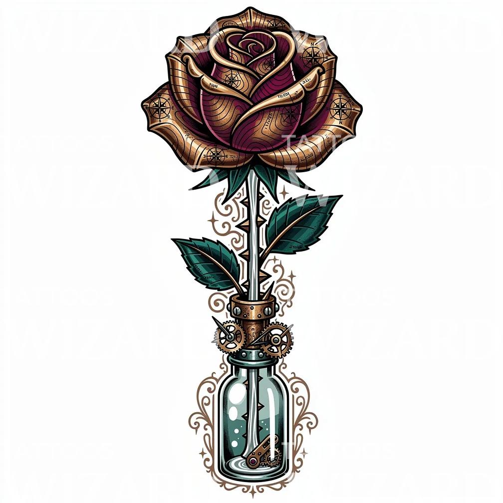 Steampunk Rose Bottle Tattoo Design