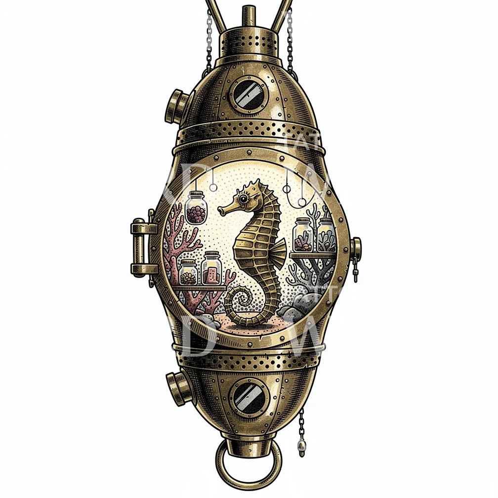 Steampunk Seahorse Aquarium Tattoo Design