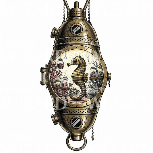 Diseño de tatuaje de caballito de mar steampunk en acuario