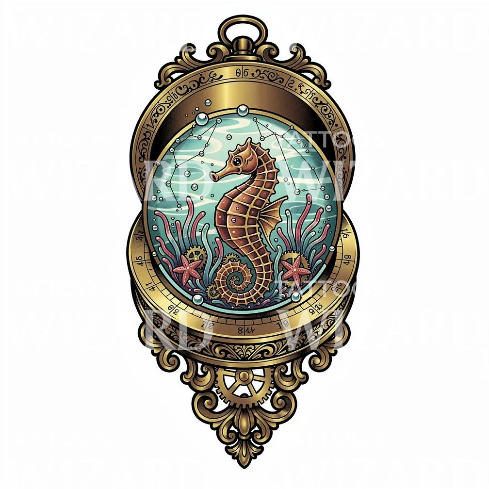 Steampunk Seahorse Pocketwatch Tattoo Design