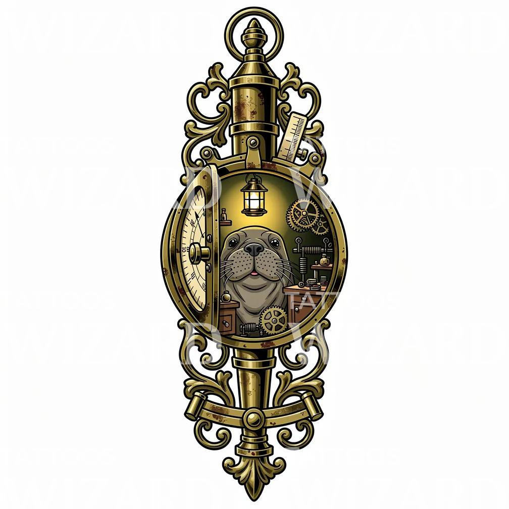 Steampunk Zeehond Klok Tattoo-Ontwerp