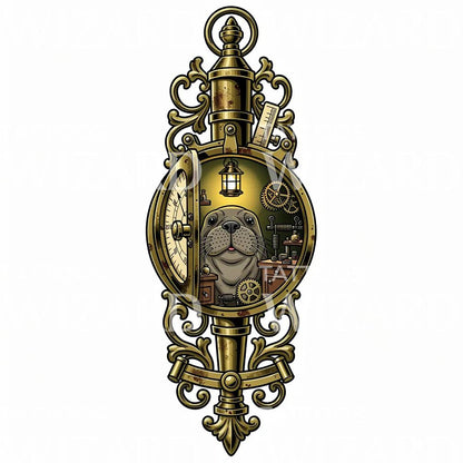 Steampunk Zeehond Klok Tattoo-Ontwerp