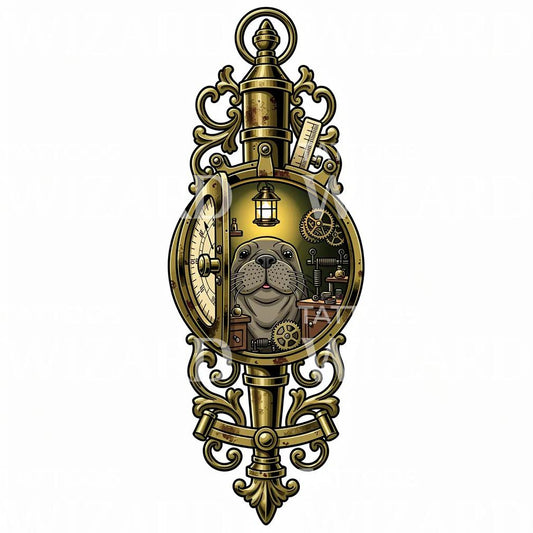 Steampunkowa Foka z Zegarem Projekt Tatuażu