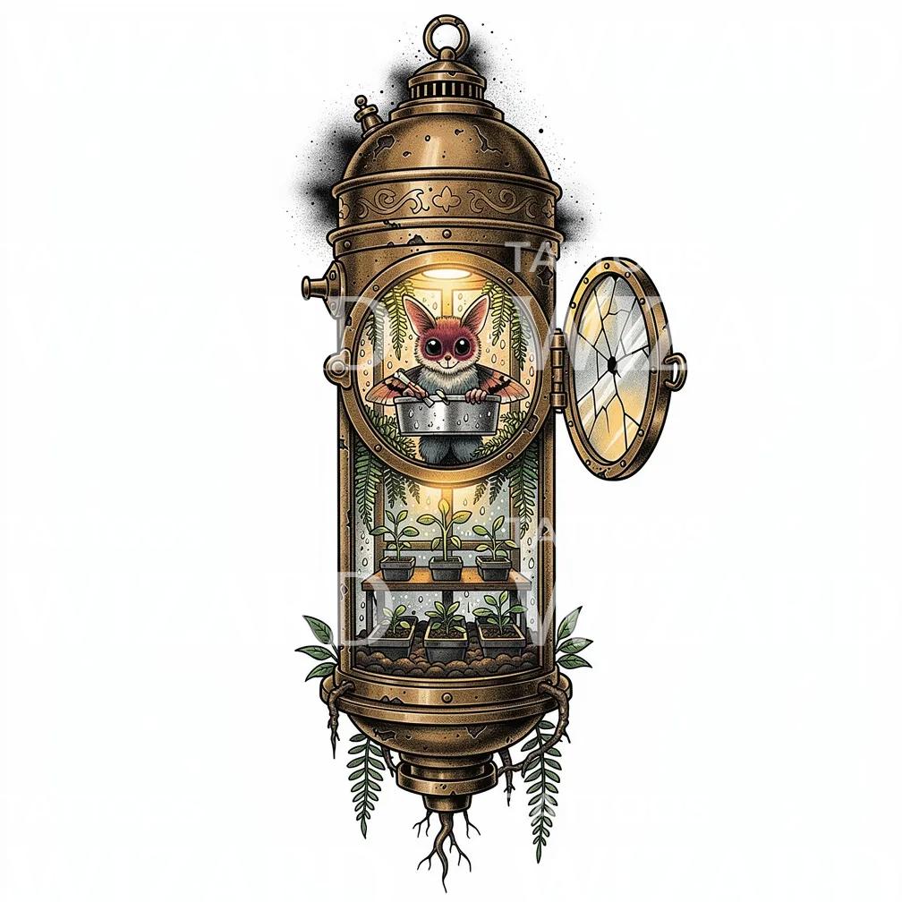 Steampunk Terrarium Bat Tattoo Design