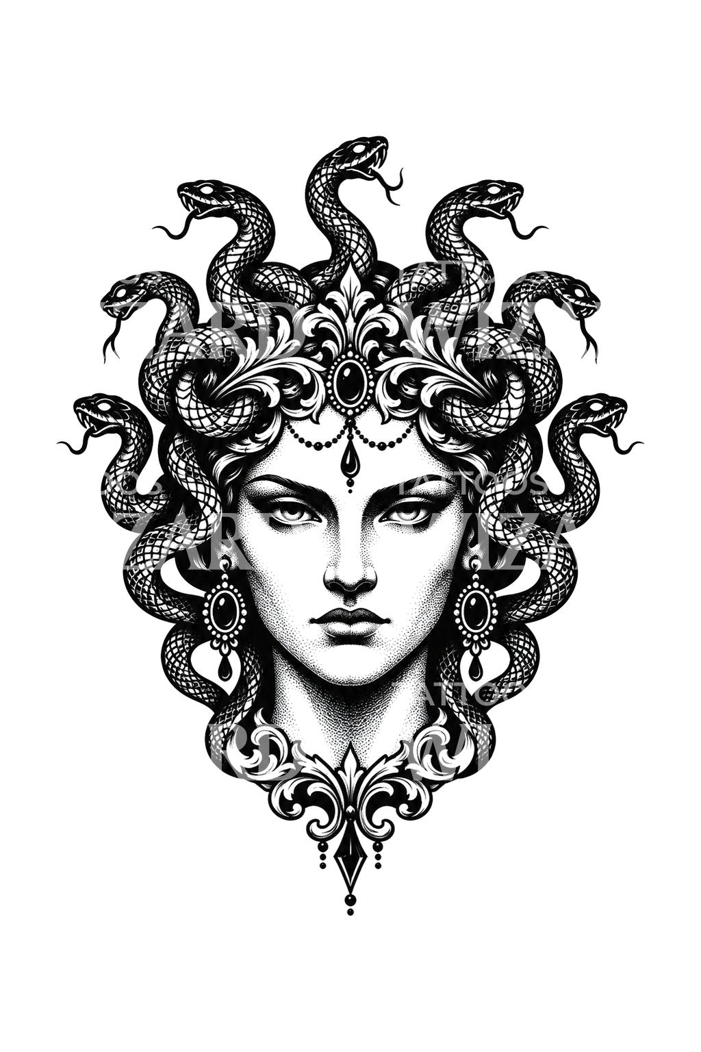 Strenge Gorgon met oorbellen, blackwork-tattoo-ontwerp