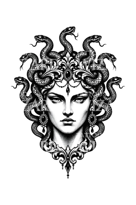 Přísná Gorgona s náušnicemi, blackwork tetovací design