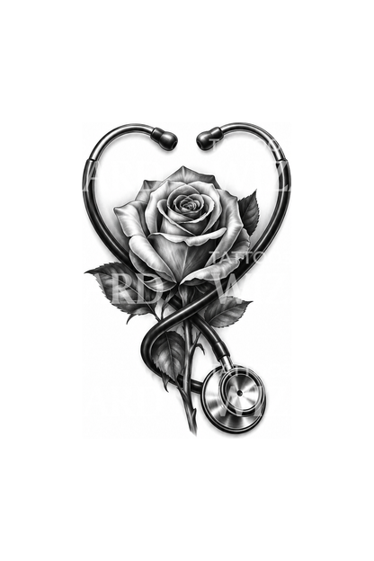Stethoscope Heart and Rose Realism Tattoo