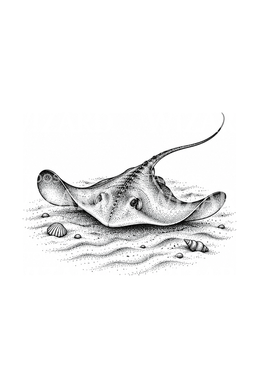 Stingray Gliding over Sand with Shells Dotwork Tattoo Design