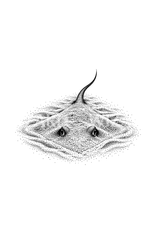 Desenho de tatuagem dotwork de uma raia escondida na areia