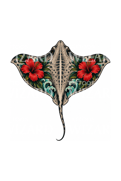 Stingray with Red Hibiscus and Waves Tattoo
