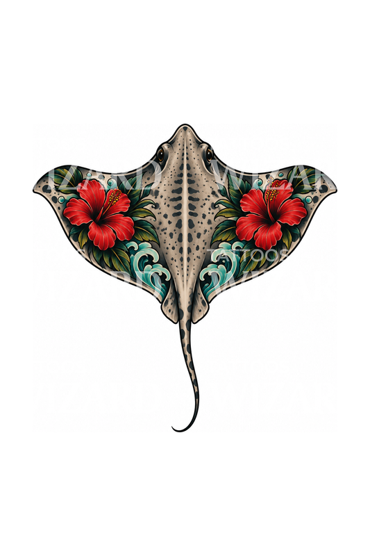 Stechrochen mit rotem Hibiskus und Wellen als Tattoo