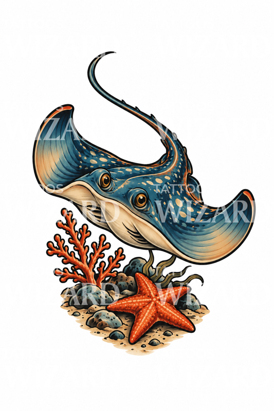 Tatuaggio di razza con stella marina e corallo