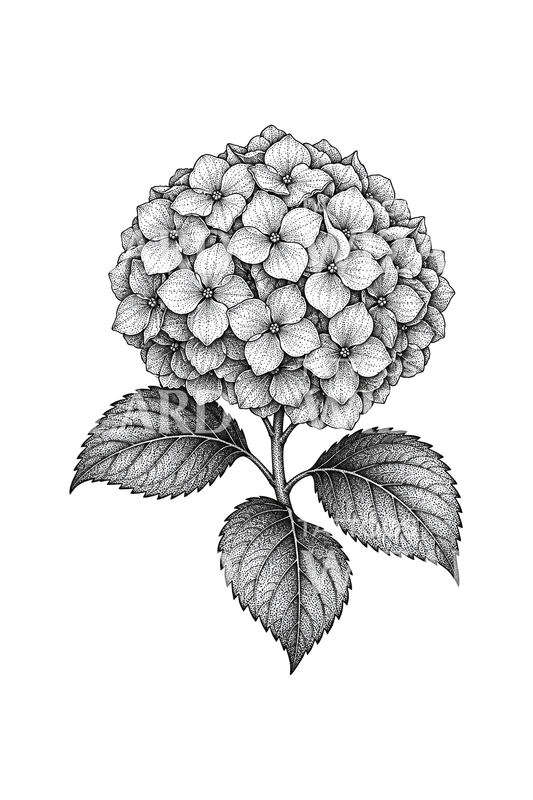 Stipple Shaded Hydrangea Sprig Tattoo Design