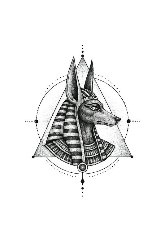 Desain Tato Anubis Geometri Suci dengan Teknik Titik