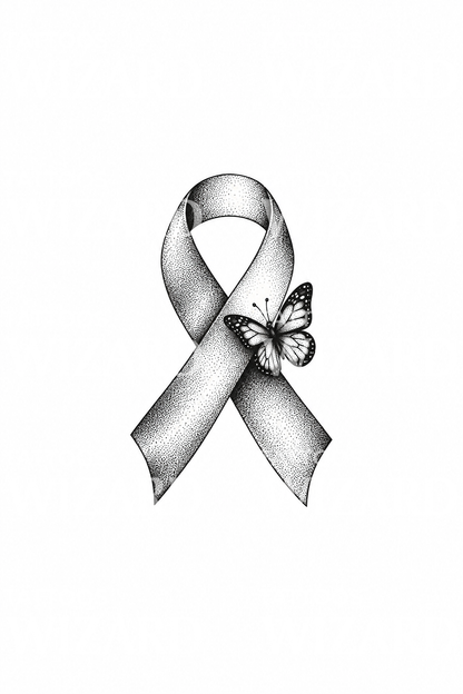 Stippled Awareness Ribbon with Butterfly Dotwork Tattoo