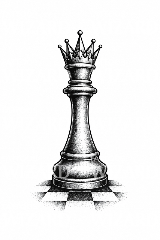 Diseño de tatuaje de reina de ajedrez punteada sobre tablero
