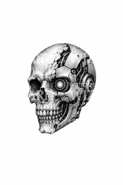 Tato tengkorak cyborg bertitik dengan optik bercahaya