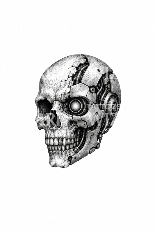 Tato tengkorak cyborg bertitik dengan optik bercahaya