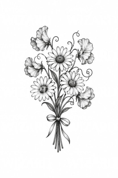 Tattoo-Idee mit punktierten Gänseblümchen und Wicken