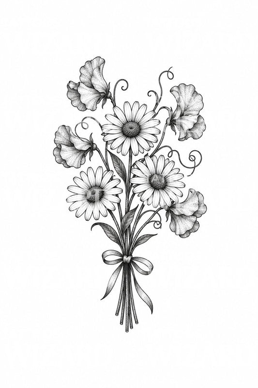 Stippled Daisies with Sweet Peas Posy Tattoo Idea