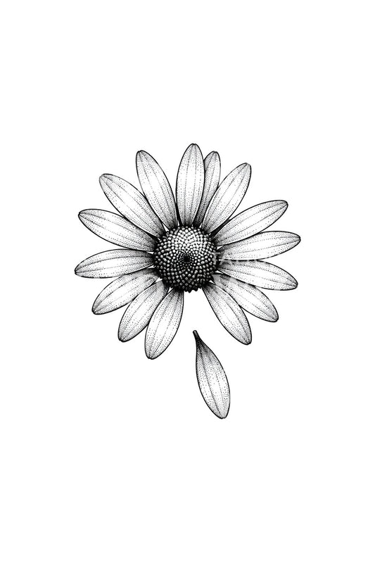 Stippled Daisy Losing One Petal Tattoo Design