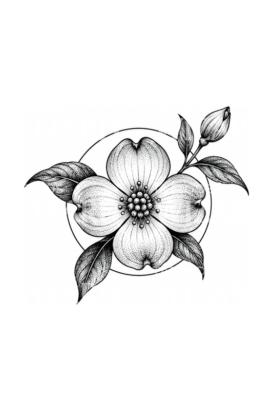 Stippled Dogwood Blossom Breaking out of Circle Tattoo