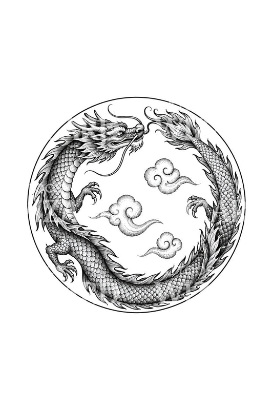 Stippled Dragon Circle Clouds Tattoo Design