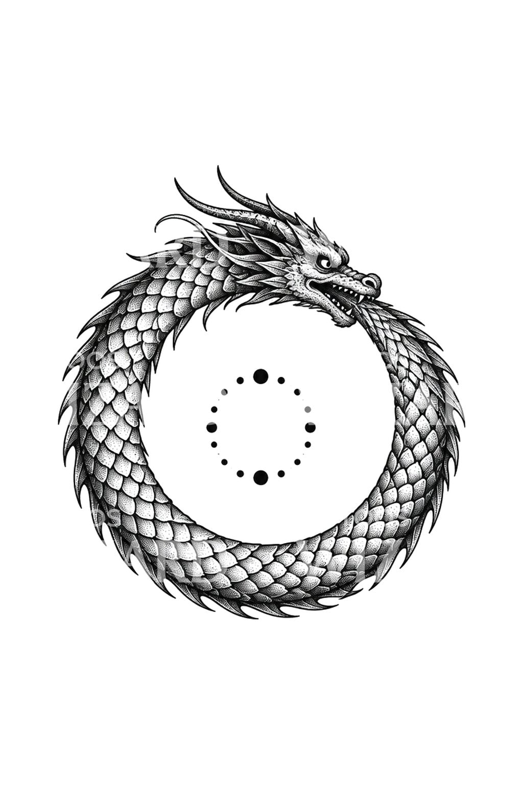 Disegno tatuaggio ad anello di drago ouroboros puntinato