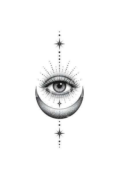 Gestippeld oog op een maansikkel, tattoo-idee